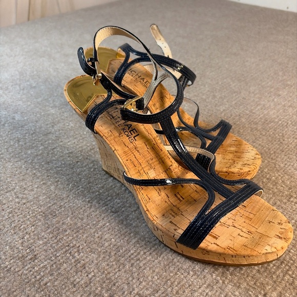 Michael Kors Black and Tan Wedge Sandals - Picture 2 of 4